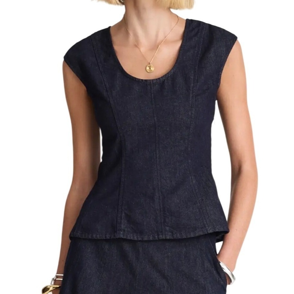 Madewell Dark Wash Denim Paneled Peplum Top NX917 Indigo Cotton Women 4 NEW $108